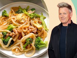 photo of stir-fried noodles next to a cut-out of gordon ramsay