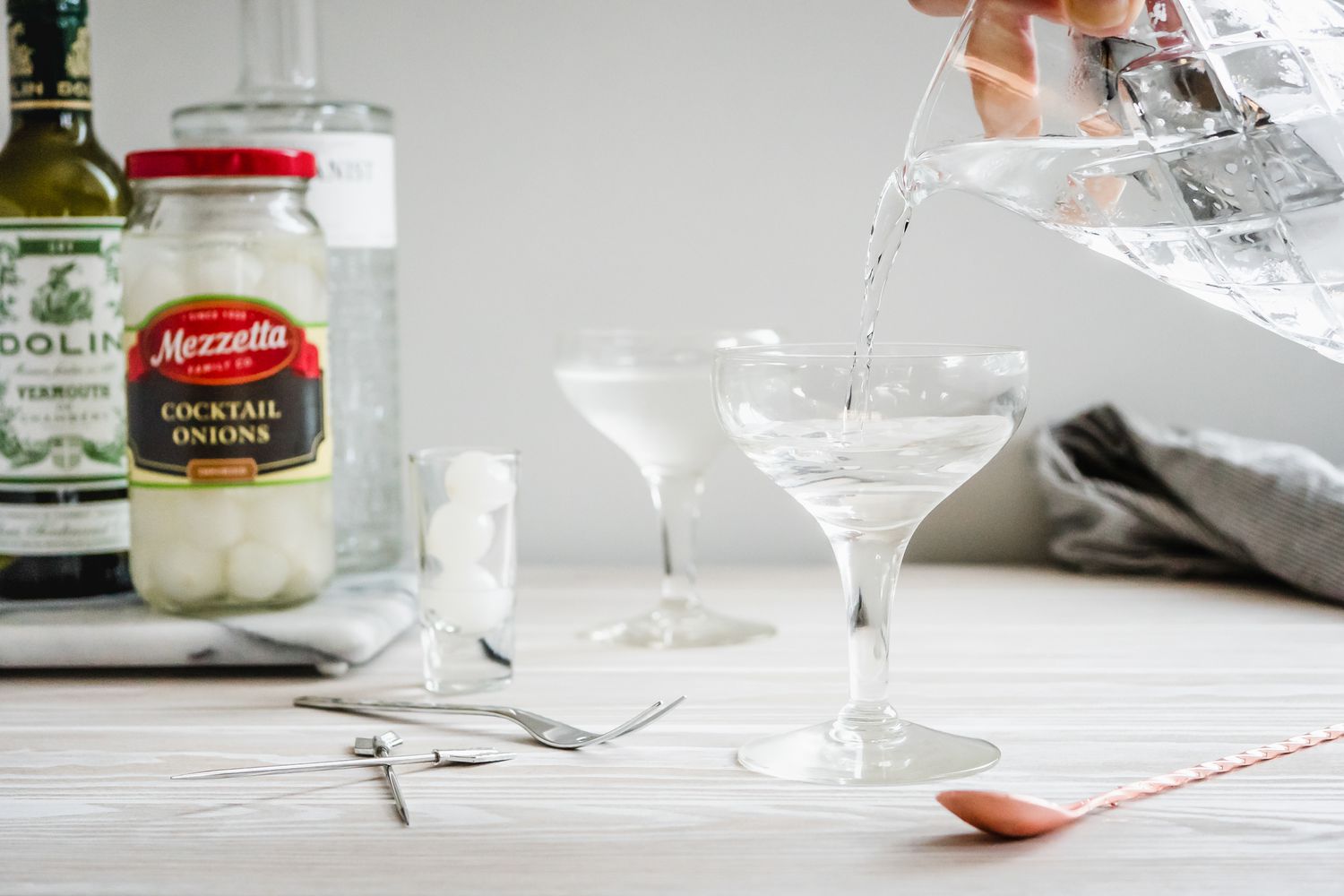 Gibson Cocktail Poured into a Glass