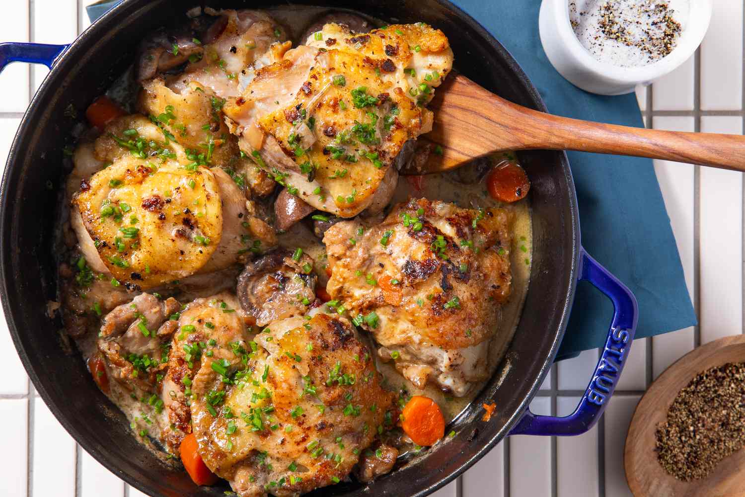 chicken fricassee lifted from the dutch oven 