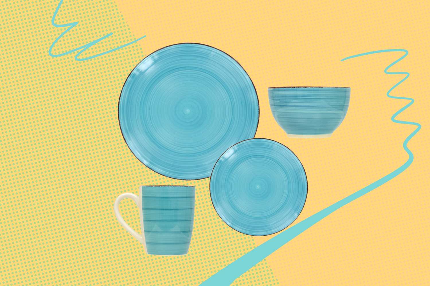 A set of tableware including a plate a bowl a small plate and a mug arranged on a patterned yellow background
