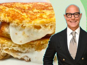 Stanley Tucci next to a grilled cheese sandwich
