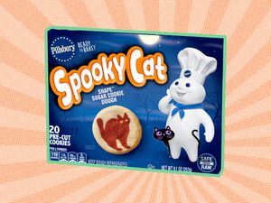 Packaging for Pillsburys Spooky Catshaped sugar cookie dough featuring the Doughboy and a cat silhouette