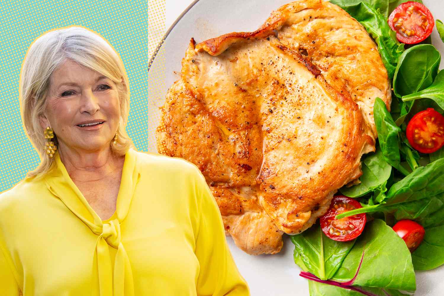 Martha Stewart next to a plate of cooked chicken breast with salad