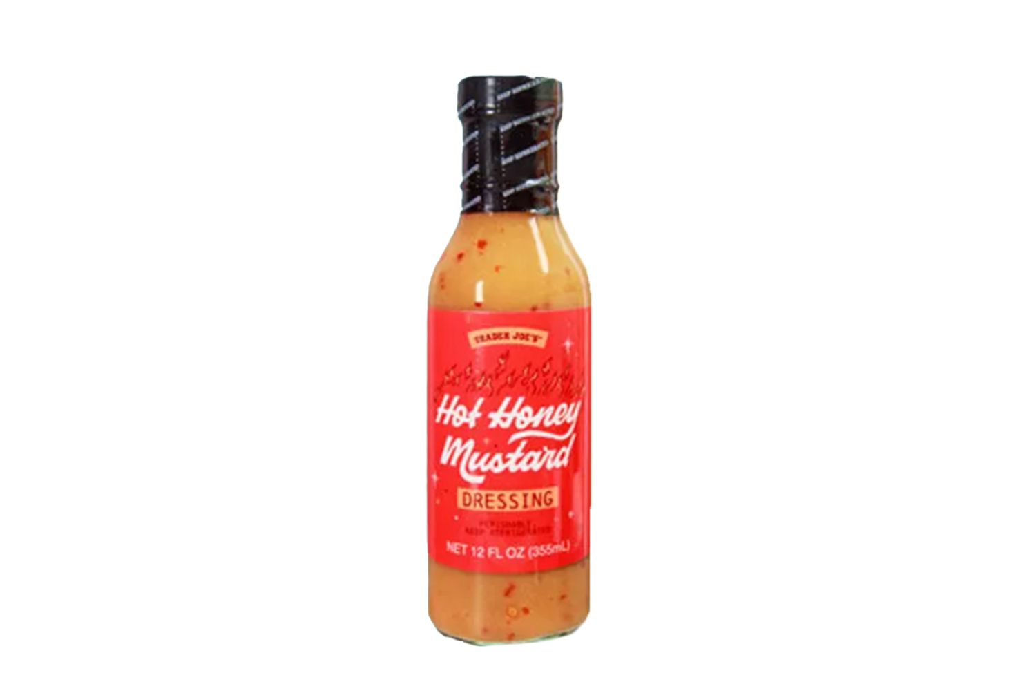 Bottle of Trader Joe's Hot Honey Mustard Dressing on a white background