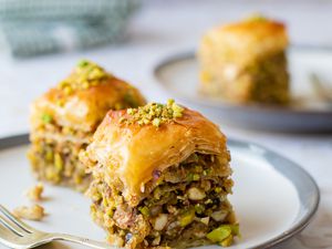 Slices of Baklava on a Small Plate with a Fork