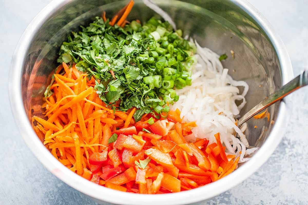 Hot Dogs with Kimchi and Gochujang chop the veggies for slaw