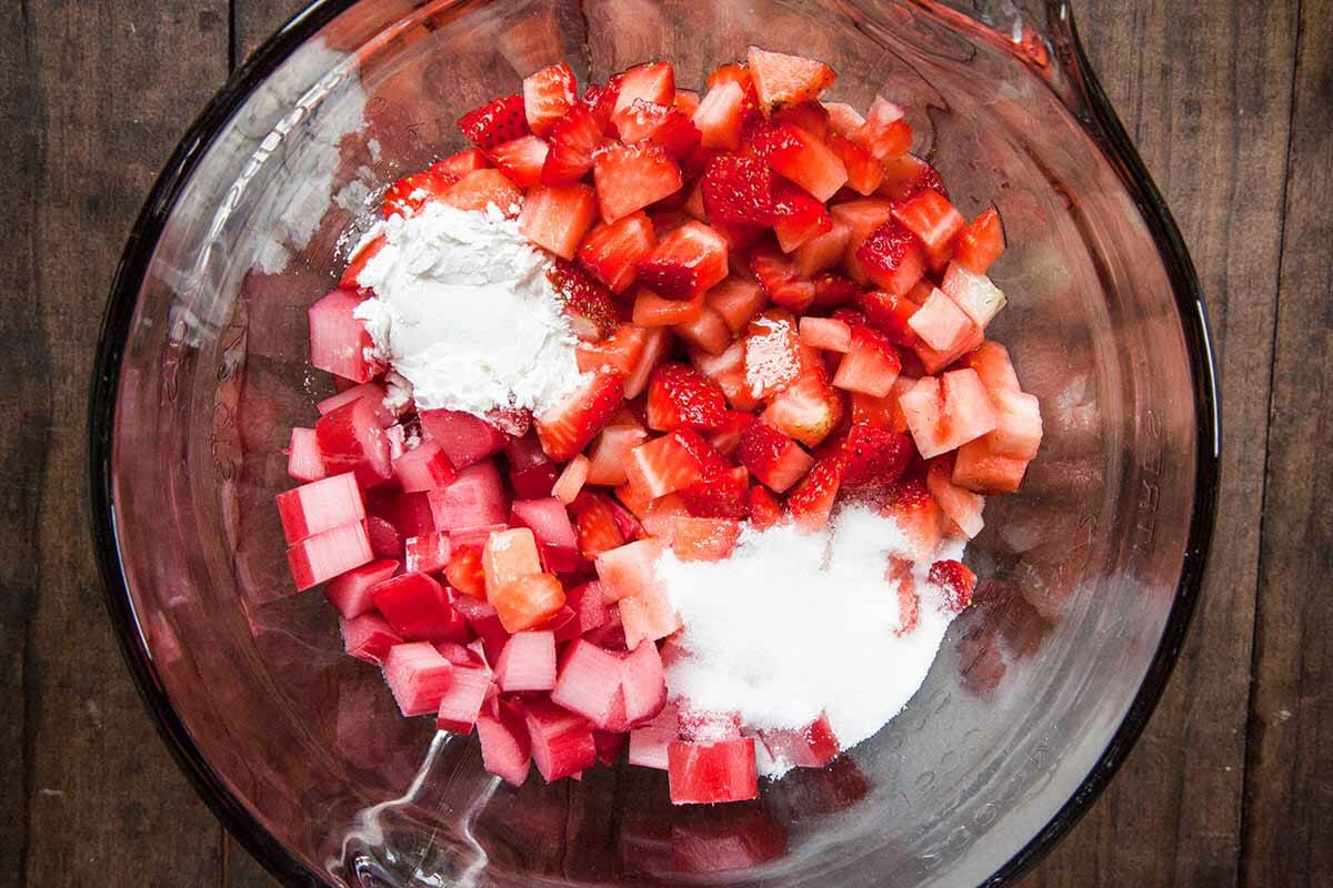 Strawberry Crumble Bars with Rhubarb combine the strawberries and sugar