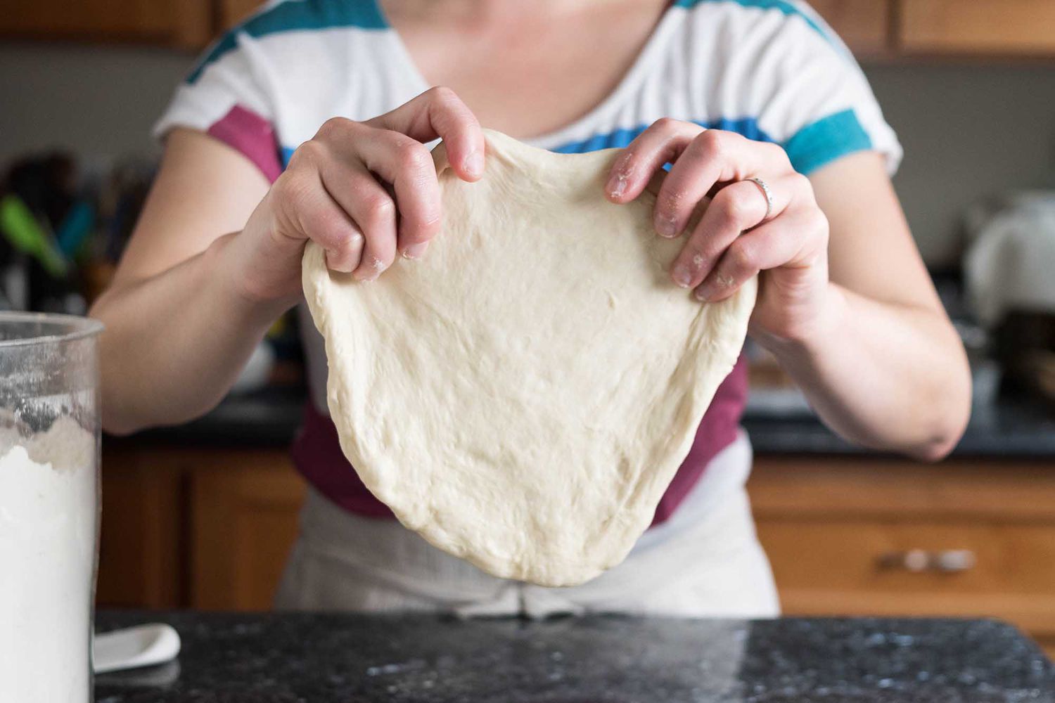 stretching No-Knead Pizza Dough