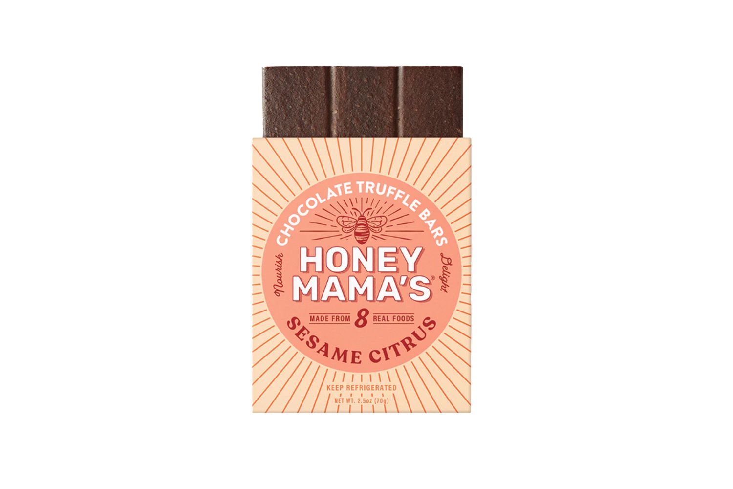 Honey Mama's brand sesame citrus chocolate truffle bar, showing the bar peeking out of the package
