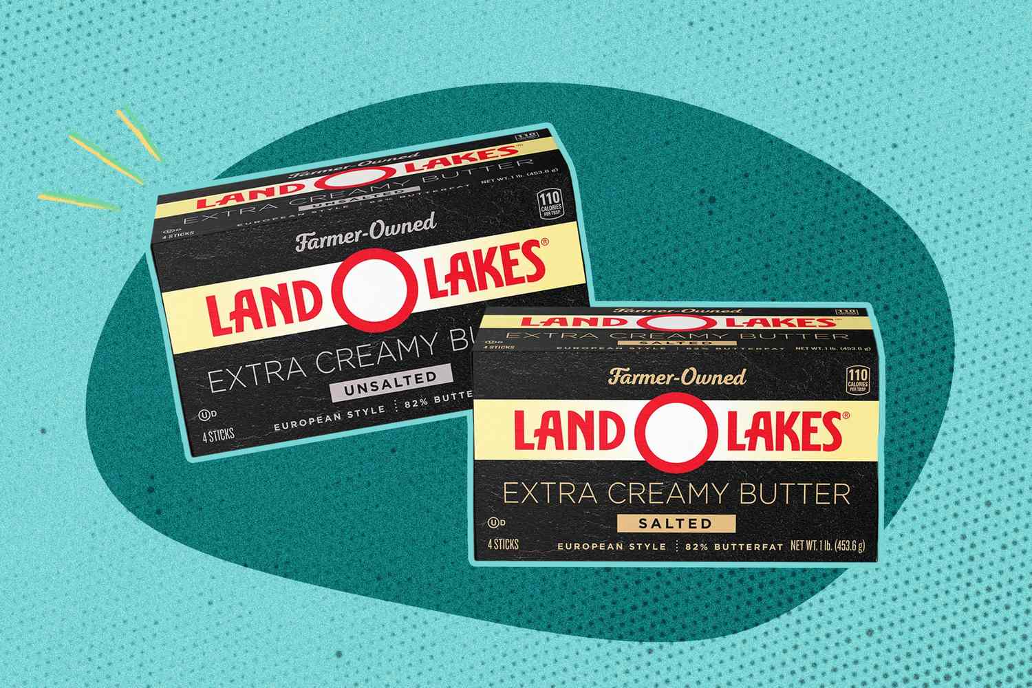 Boxes of Land O Lakes extra creamy butter salted and unsalted varieties
