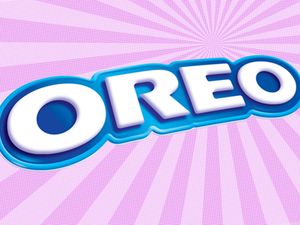 Oreo logo, stylized text on a purple and pink background