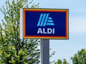 An Aldi store sign in an outdoor setting with trees visible in the background
