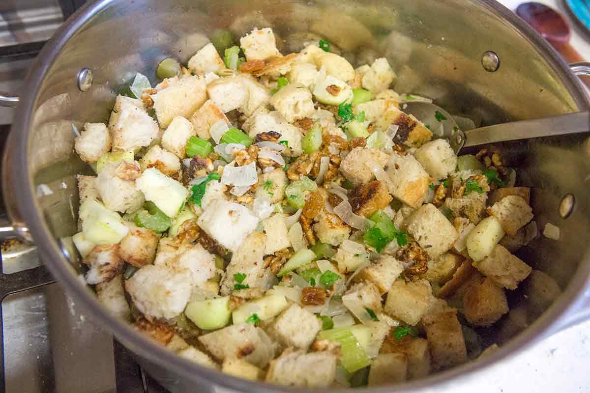 Turkey Stuffing Recipe combine the bread, onions, and celery