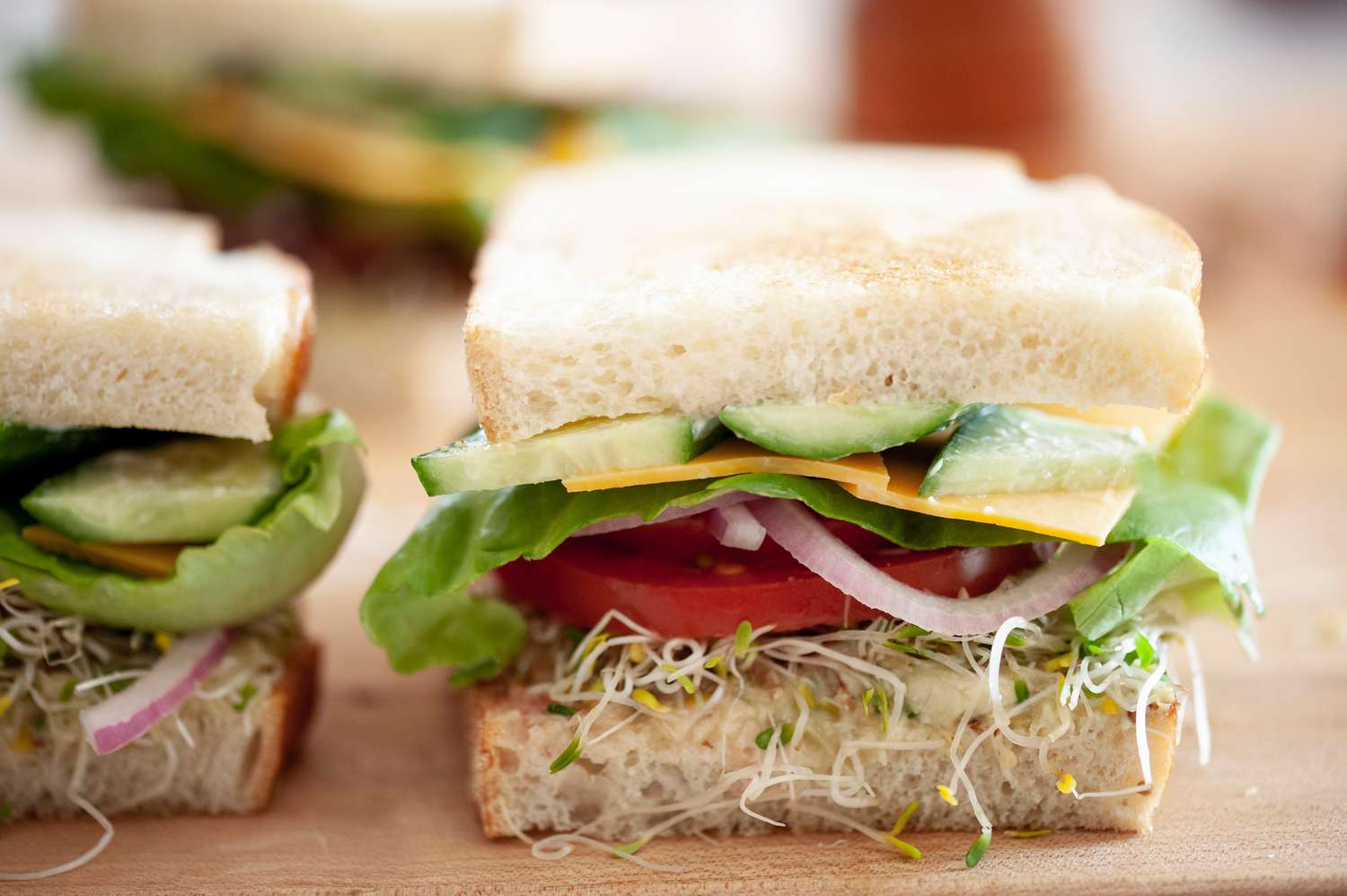 Closeup of Cross Section of Veggie Sandwiches 