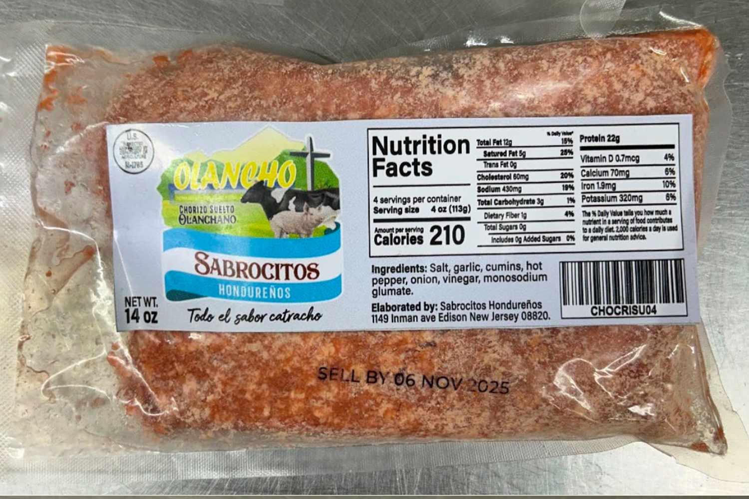 Packaged food product labeled Sabrocitos Hondureos with nutrition facts displayed on the packaging