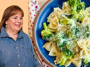 A split image of Ina Garten and a blue plate with her broccoli pasta recipe
