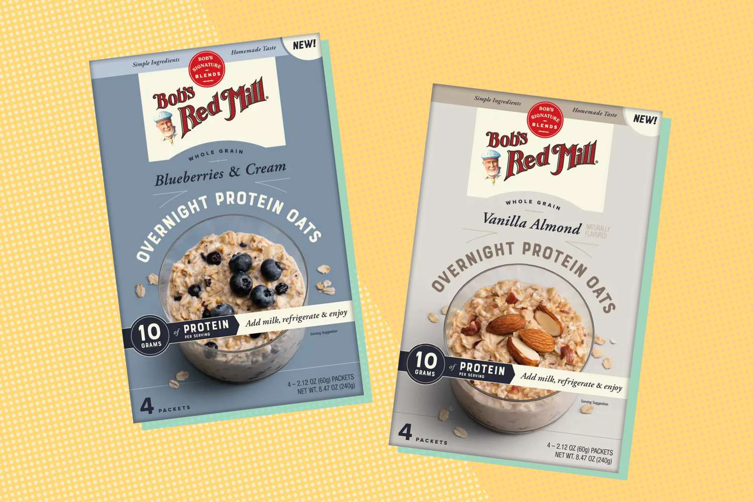 Two packages of Bob's Red Mill Overnight Protein Oats, flavors Blueberries & Cream and Vanilla Almond
