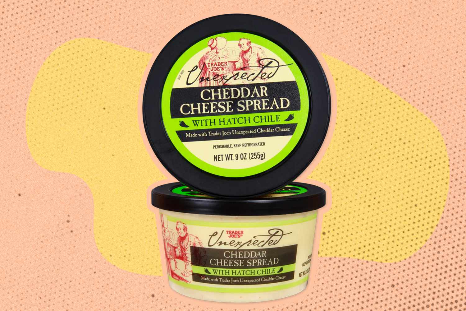 trader joe's cheddar cheese spread package over a colorful background