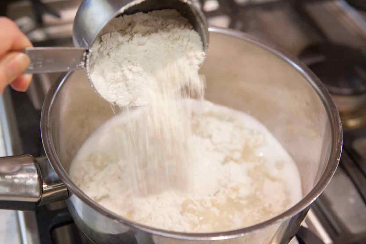 add flour and stir to make cheese puff dough