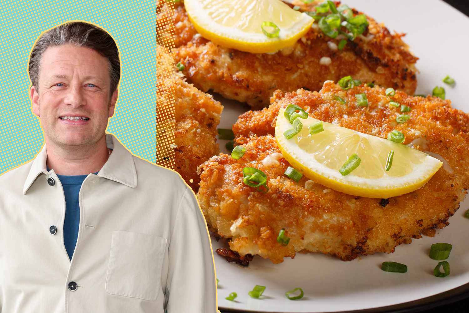 A split image of Jamie Oliver and crispy chicken breasts garnished with a lemon slice and chopped scallion on a white plate