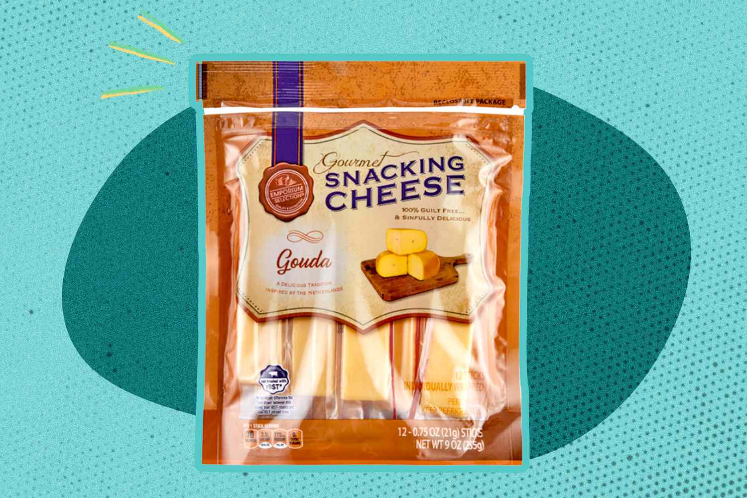 Gouda Snacking Cheese package over a colorful background