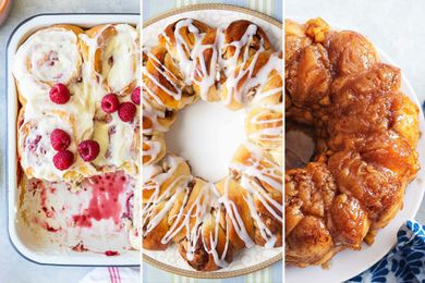 Three photos side by side. On the left is a pan of Raspberry Jam Rolls. In the center is a platter of Swedish Coffee Bread. On the right is Caramel Apple Monkey Bread.