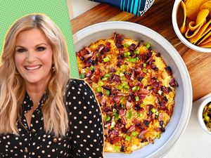 Trisha Yearwood featured alongside a dish of Charleston cheese dip with additional ingredients