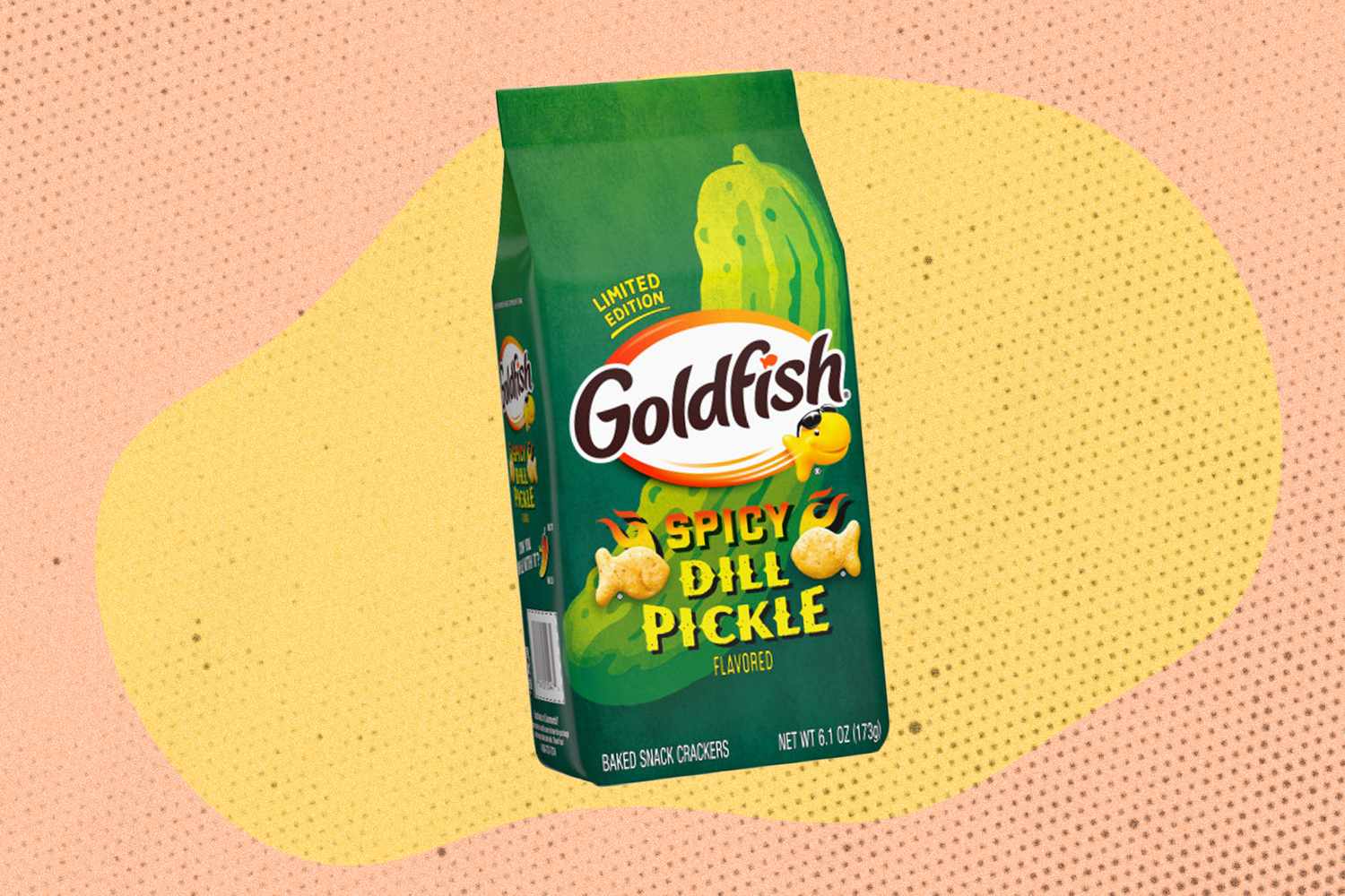 Bag of Goldfish crackers, Spicy Dill Pickle flavor, against a stylized background