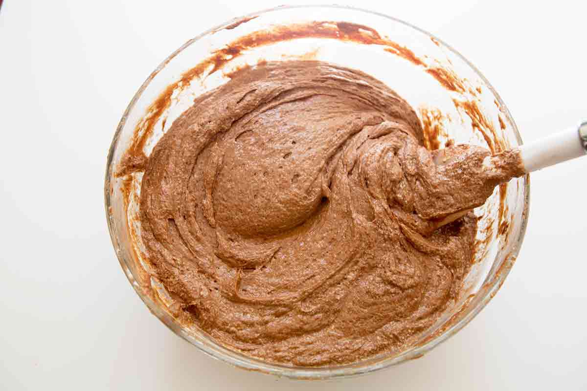 bittersweet chocolate cake batter in a mixing bowl