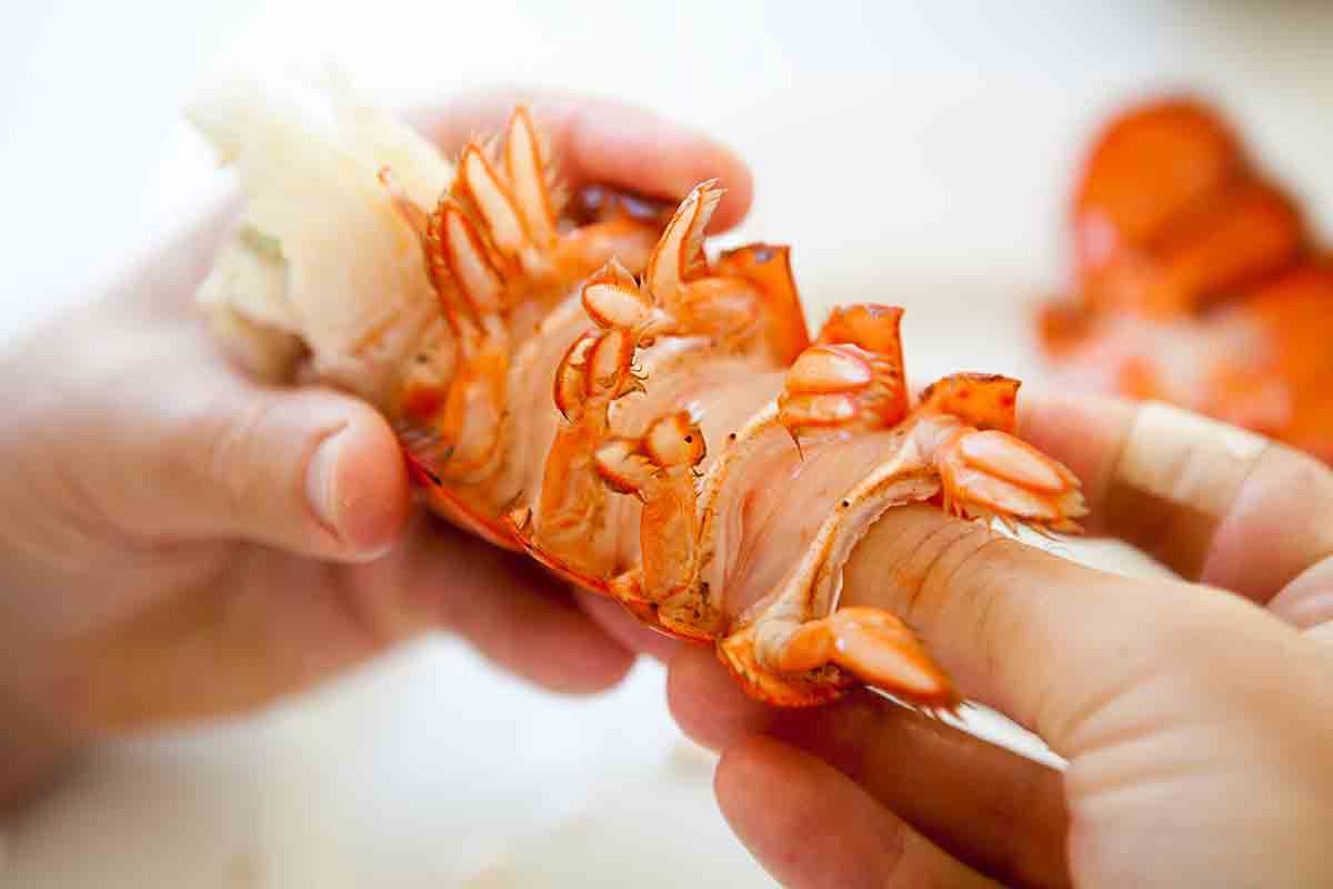 Use your finger to push the lobster meat from the small end of the tail out the big end