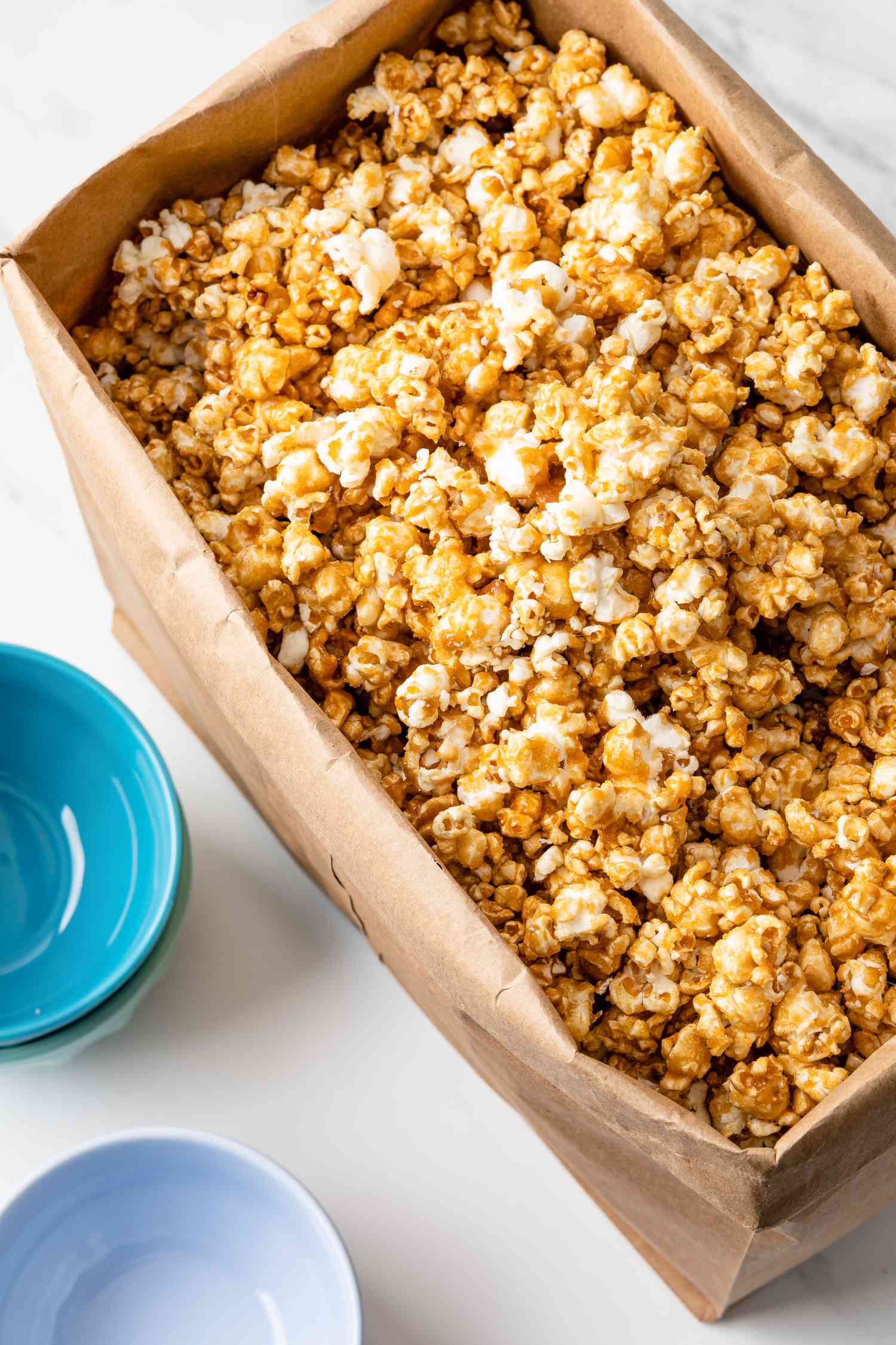 microwave caramel corn in a brown bag