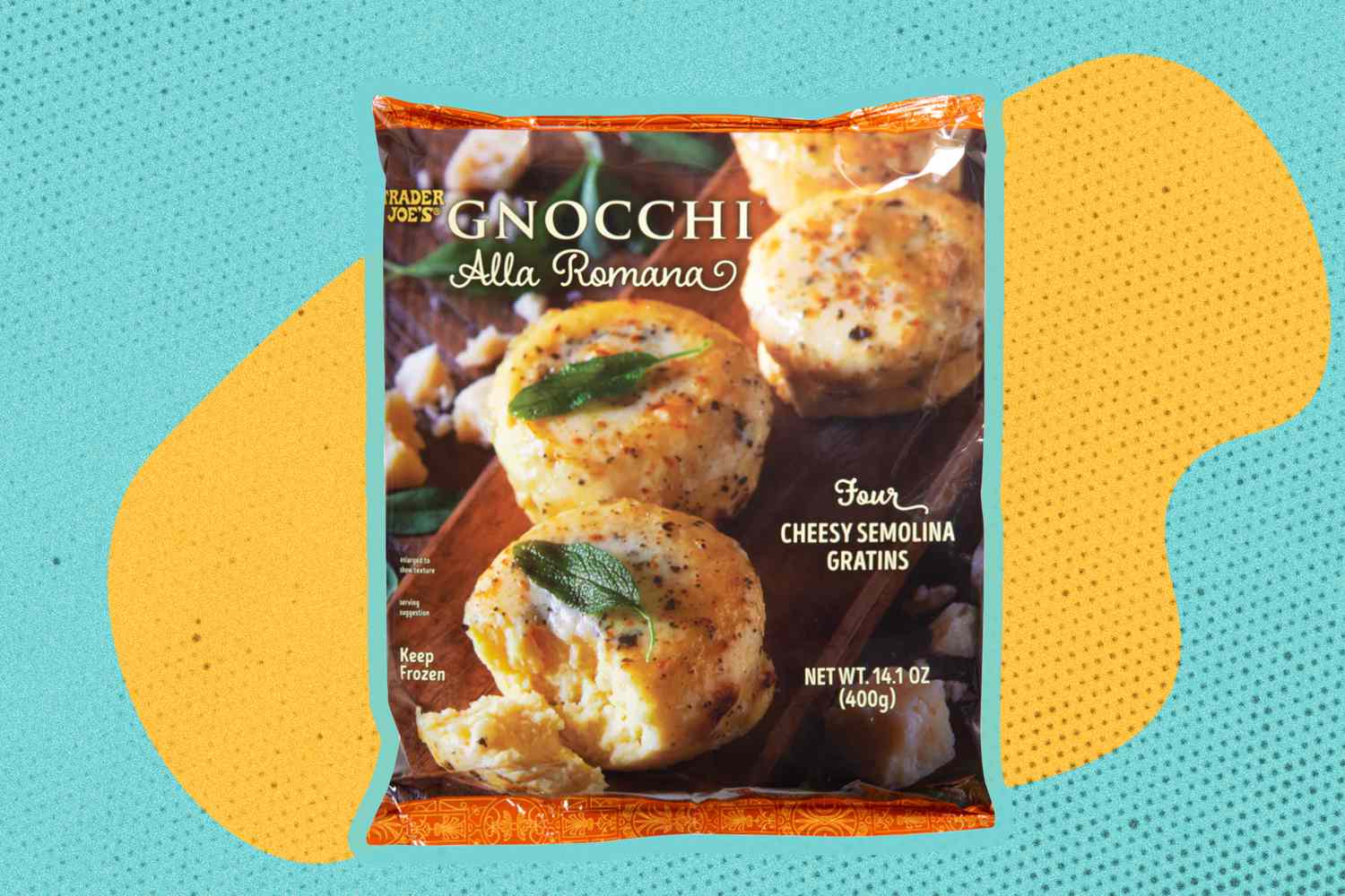 Trader Joe's Gnocchi Alla Romana on a yellow and blue color blob background
