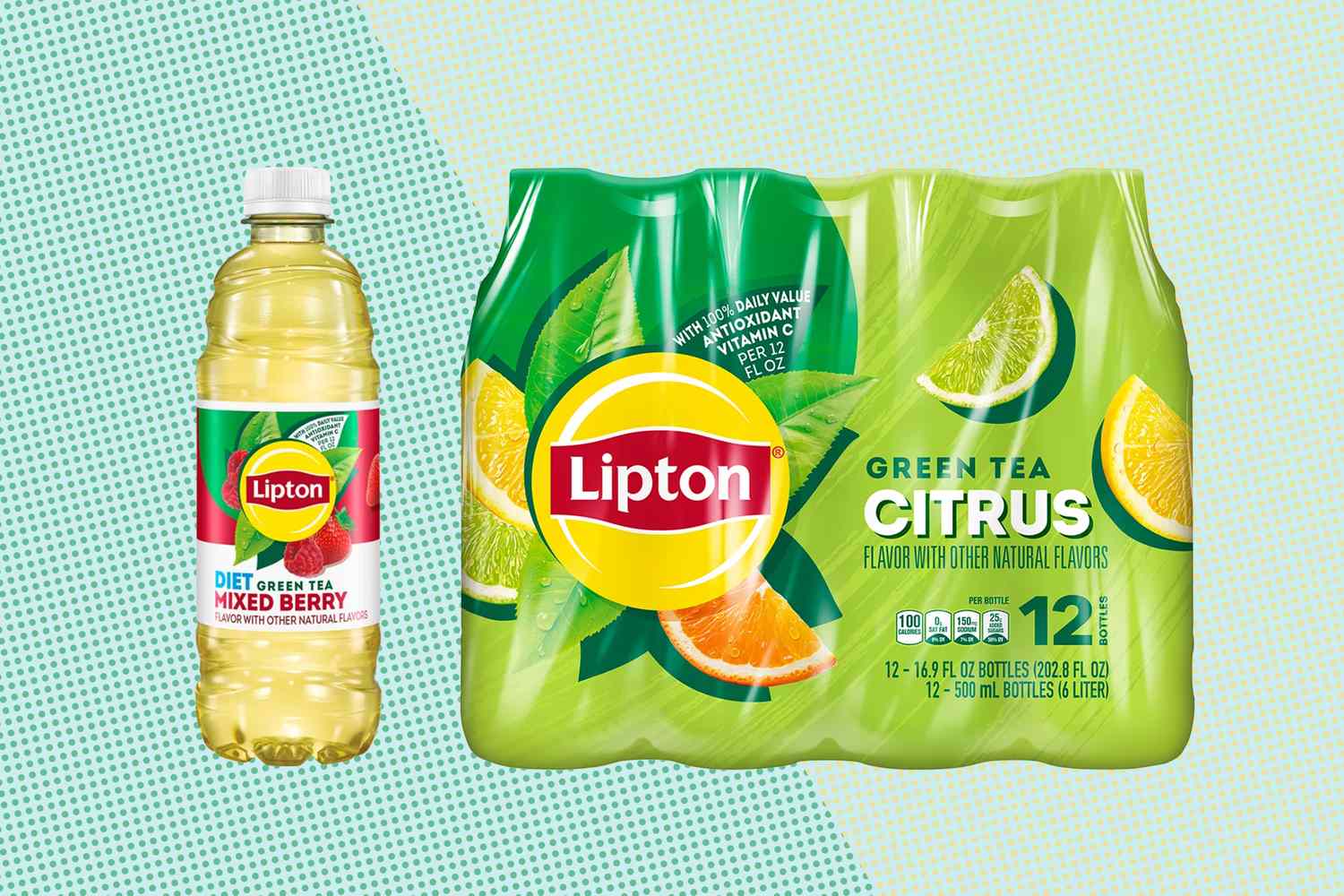 Lipton bottled tea and a pack of Lipton Green Tea Citrus