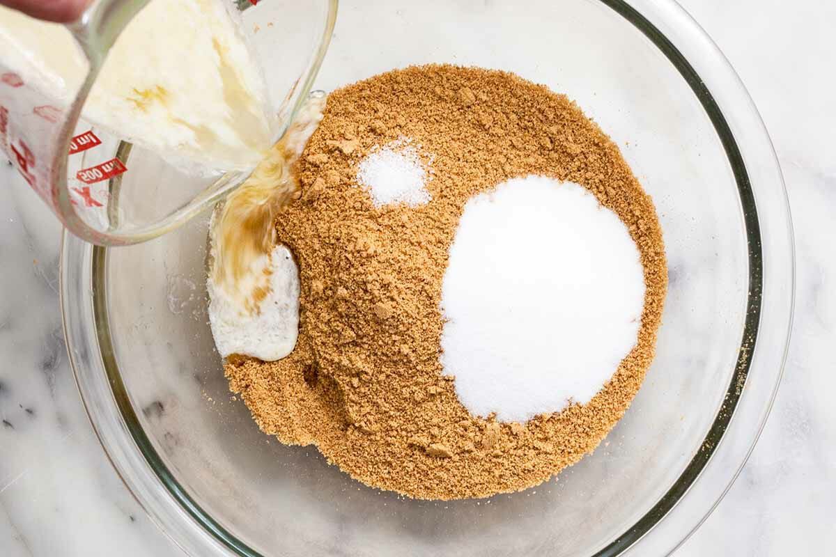 ingredients for Homemade Graham Cracker Pie Crust add the sugar and butter