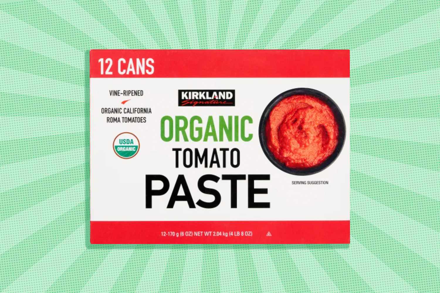 12 can package of Kirkland Organic Tomato Paste