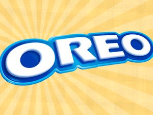Oreo logo against a yellow background with radial design