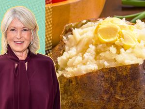 Martha Stewart beside a baked potato with butter garnish