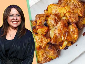 A split image of Rachel Ray and crispy potatoes on a white plate