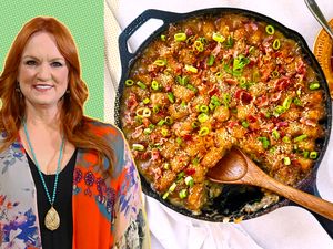 A split image of Ree Drummond and her cowboy casserole recipe in a cast iron skillet