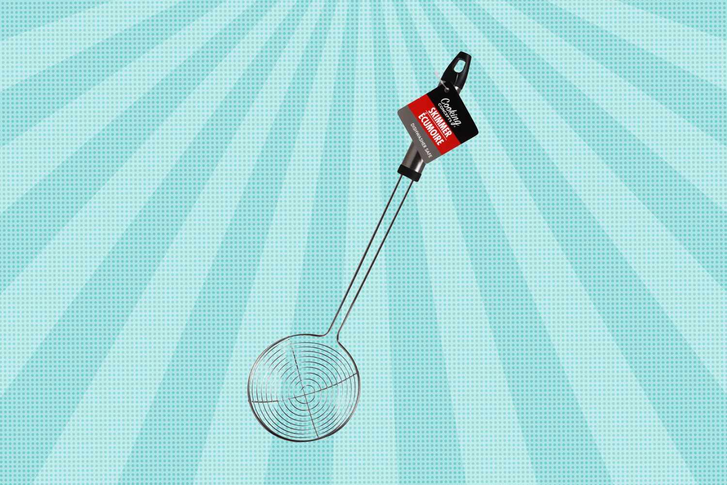 Wire skimmer utensil with a labeled handle displayed on a radial background