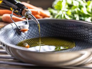 Sideview of oil getting poured into a nonstick pan